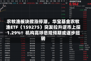 农牧渔板块掀涨停潮，华宝基金农牧渔ETF（159275）突发拉升逆市上探1.29%！机构高呼悲观预期或逐步扭转